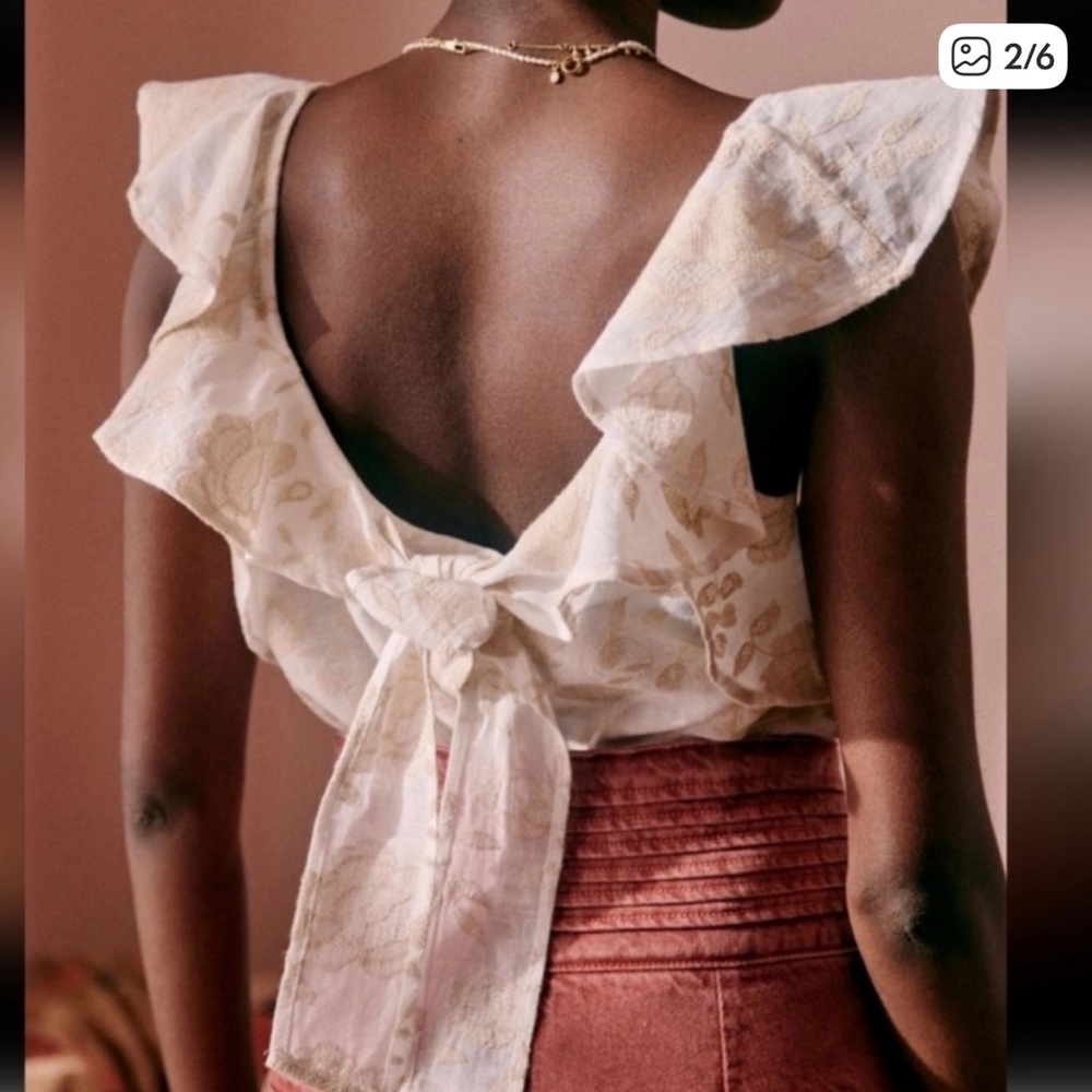 Sézane Vahine Blouse Cotton/Linen Embroidered Floral Top